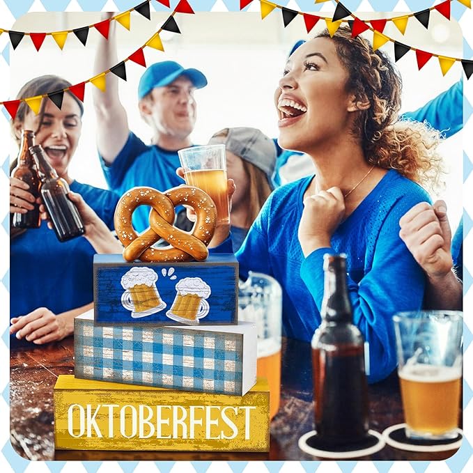 Yuntau 4 Pcs Oktoberfest Table Decorations Wooden Beer Tabletop Centerpiece Bavarian German Festival Tiered Tray Decor Rustic Oktoberfest Block Sign for Photo Prop Party