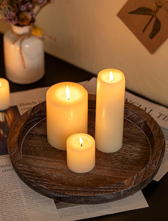 Hanobe Candle Plate Holder Tray: Round Wood Decorative Candle Plate - Rustic Farmhouse CoffeeTable Decor - Tealight Pillar Trays for Home Decor (Distressed)