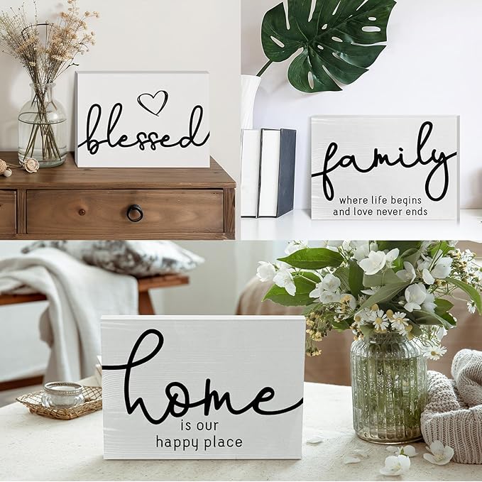Jetec 3 Pcs Family Home Blessed Rustic Wood Sign Mini Wood Decorative Farmhouse Woodworks Table Shelves Decorations Sign for Bedroom Kitchen Living Room Table Decor(White,5 x 7 x 0.59 in)