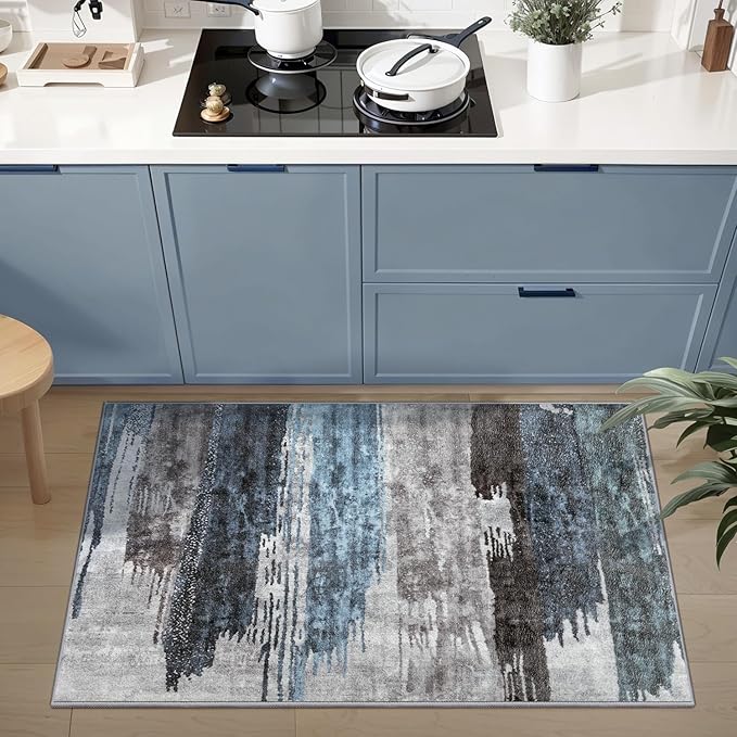 Ciicool Modern Abstract Area Rug 2x3 Washable Small Entryway Rug, Non-Slip Low Pile Throw Rug, Foldable Kitchen Bathroom Rugs, Blue Grey Floor Carpet for Entrance Living Room Bedroom Indoor Doormat