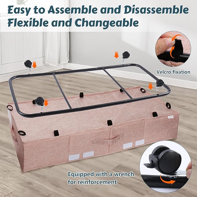 Under Bed Storage with Wheels, Rolling Underbed Storage Containers with Lids, Under Bed Shoe Storage Bins Organizer with Reinforced Metal Bottom Support and Three Handles