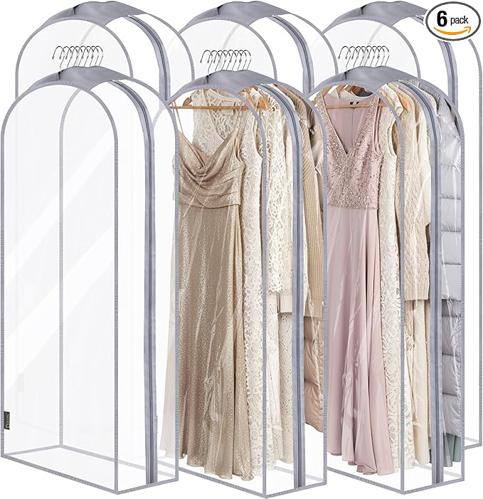 BALEINE 60'' Clear Garment Bags, 10.5'' Wide PEVA Suit Bag for Closet Clothes Dresses Suit Coats Storage (Clear, 6PK)