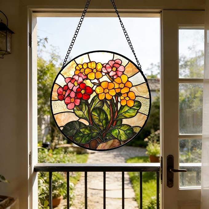 Stained Glass Window Hanging, Yellow Red Flowers Sun Catcher for Window Door Home Decor Green Plant Suncatcher Christmas Mother's Day Birthday Gifts for Women Men Mom and Nana 11.8 in