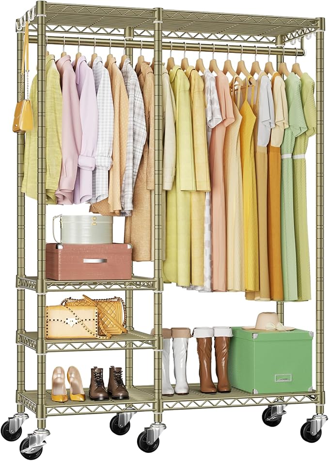 Ulif F4R Heavy Duty Clothes Rack(With Lockable Wheels )Rolling Clothing Racks for Hanging Clothes，Adjustable Closet Organizer System，Portable Garment Rack 45"W x 15.8"D x 73.5"H，Max Load 650LBS,Gold