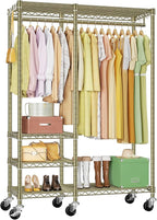 Ulif F4R Heavy Duty Clothes Rack(With Lockable Wheels )Rolling Clothing Racks for Hanging Clothes，Adjustable Closet Organizer System，Portable Garment Rack 45"W x 15.8"D x 73.5"H，Max Load 650LBS,Gold