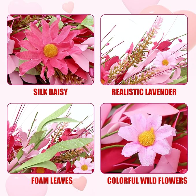 Sggvecsy 21in Artificial Pink Forsythia Wreath Spring Summer Fake Daisy Wreath Handmade Wreath with Daisies Lavender for Gifts Festival Front Door Window Wall Farmhouse Decor