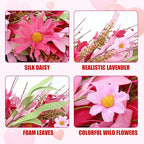 Sggvecsy 21in Artificial Pink Forsythia Wreath Spring Summer Fake Daisy Wreath Handmade Wreath with Daisies Lavender for Gifts Festival Front Door Window Wall Farmhouse Decor