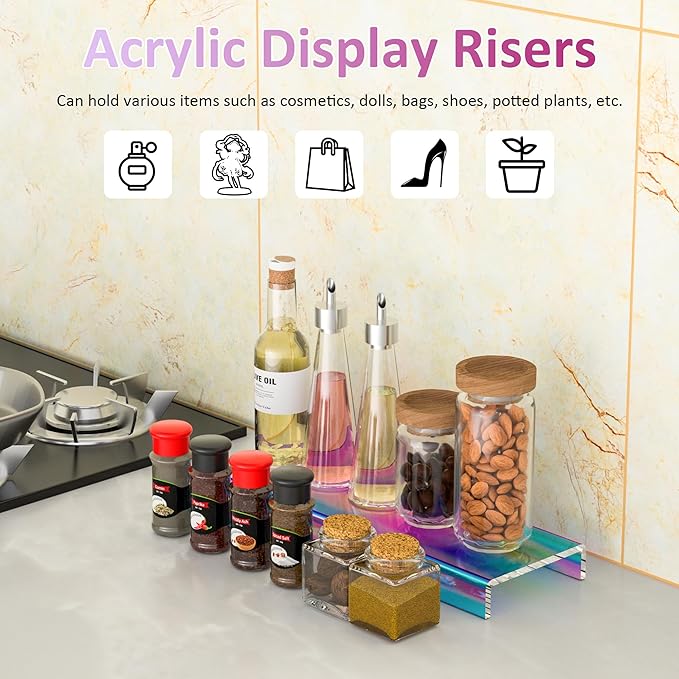 Sezanrpt Acrylic Shelf Riser 12x3.9x1 pack of 2, Iridescent Display Shelf 12” for Shoes, Glasses, Plants, Home Decors, Perfume, 12x3.9x1 Inch