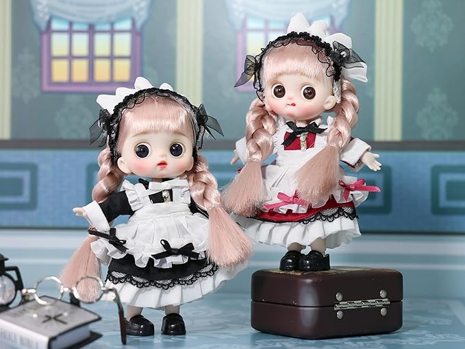 OB11 BJD Dolls, 2Pcs 12 Points Articulated Anime Action Figures with Interchangeable Heads & Removable Lolita Clothes, Cute Collectible Small Doll for Girls, Surprise Birthday Gift