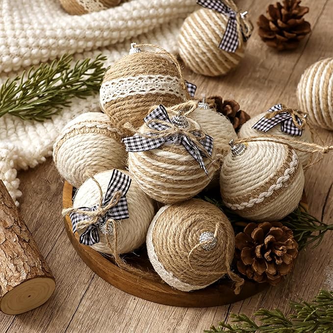 Bunny Chorus Christmas Decorations Indoor: 12pcs Handmade Jute Rope Decorative Bows Christmas Tree Ornaments, Rustic Hanging Xmas Ball Ornaments for Tree Garland Fireplace Home School Office Decor