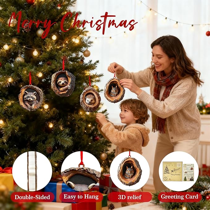 Forest Animal Christmas Ornaments, Funny Forest Animal Ornaments for Christmas Tree,3D Resin Ornaments Hanging for Animal Lover&Easter Basket Stuffers(Raccoon)