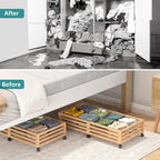 Wisuce Bamboo Under Bed Storage Containers- Underbed Organizer with Wheels with Large Dust Bag,Sturdy Wood Rolling Under the Bed Shoe Storage Organizer Drawer 2 Packs (Nature, Long)