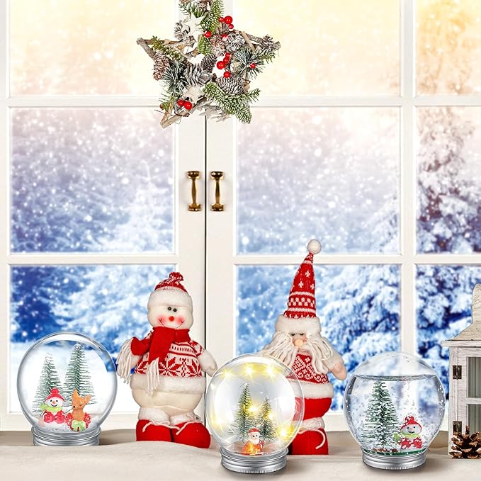 Liliful 30 Pack Christmas DIY Snow Globe Kit Including 3.58 Inch LED Plastic Snow Globe with Screw Off Cap Artificial Mini Tree Snowman Santa Deer Pine Cones and Lights for Party Decorations