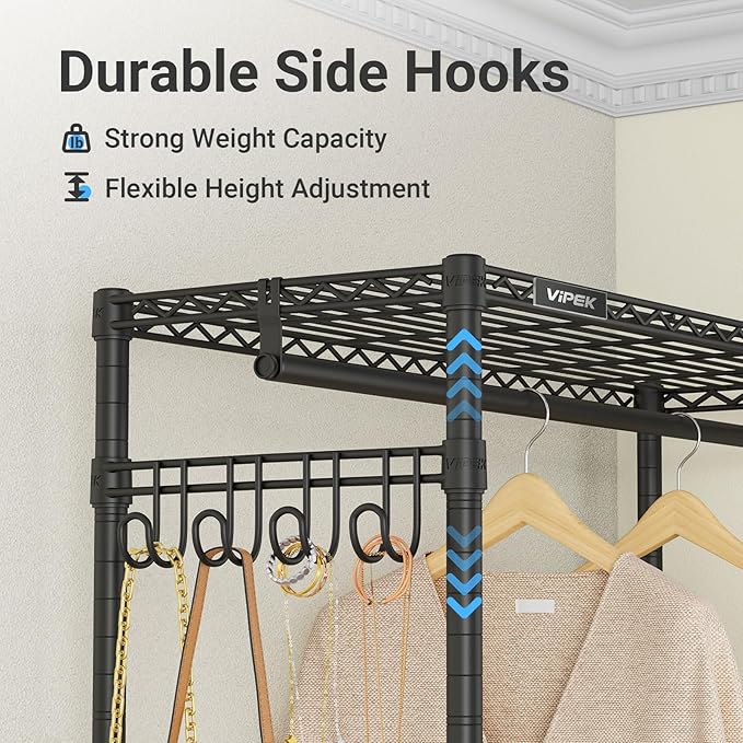 VIPEK R3C Plus Garment Rack Rolling Clothes Racks with Locking Wheels, Heavy Duty Clothing Rack Portable Closet with Adjustable Shelves & Side Hooks, Black Rack with Grey Upgraded Polyester Cover