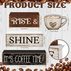 Moucuny 4 Pcs Farmhouse Coffee Bar Sign Decor Wooden Cup Rise & Shine It's Coffee Time Rustic Wood Cafe Sign Gift for Home Kitchen Tabletop Decor
