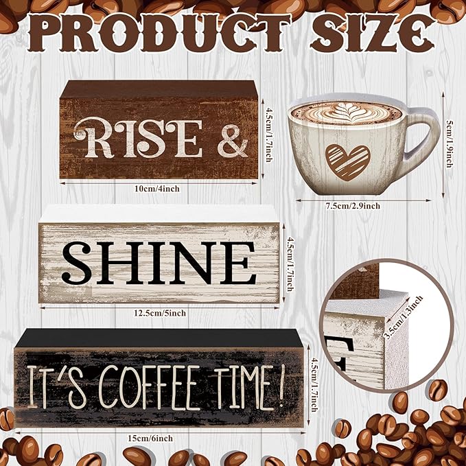 Moucuny 4 Pcs Farmhouse Coffee Bar Sign Decor Wooden Cup Rise & Shine It's Coffee Time Rustic Wood Cafe Sign Gift for Home Kitchen Tabletop Decor
