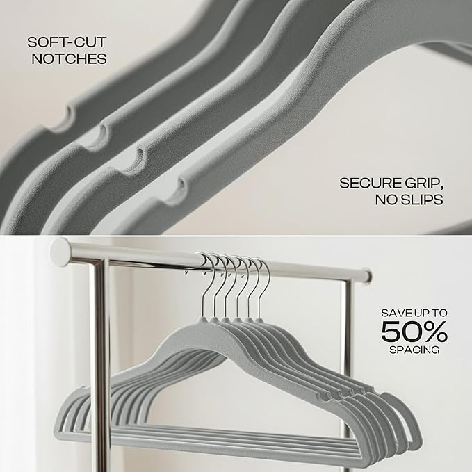 Utopia Home Velvet Hangers 20 Pack – Luxury Non-Slip Slim Pant & Coat Hangers, Strong Space-Saving Clothes Hangers with Pants Bar and 360° Swivel Hook – Grey