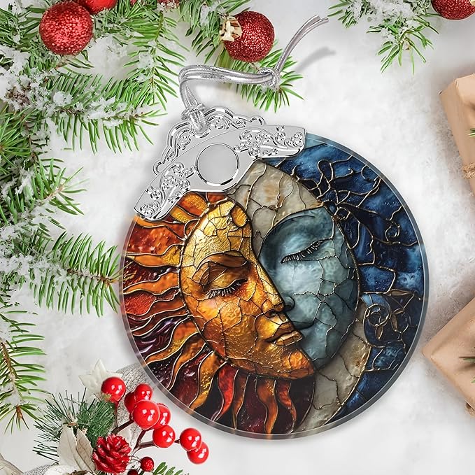 Stained Glass Suncatcher Ornament - Sun and Moon Christmas Decorations - Christmas Ornaments for Tree - Holiday Present Ideas - Gift Exchange