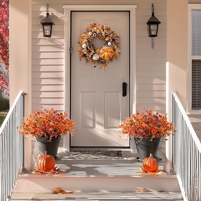 Homsunny Artificial Mums Fake Flowers for Outdoors Decoration, 12 Bundles Realistic Silk Daisy Faux Plants UV Resistant Decor for Home Garden Porch Patio Yard Balcony Window (Orange Brown)