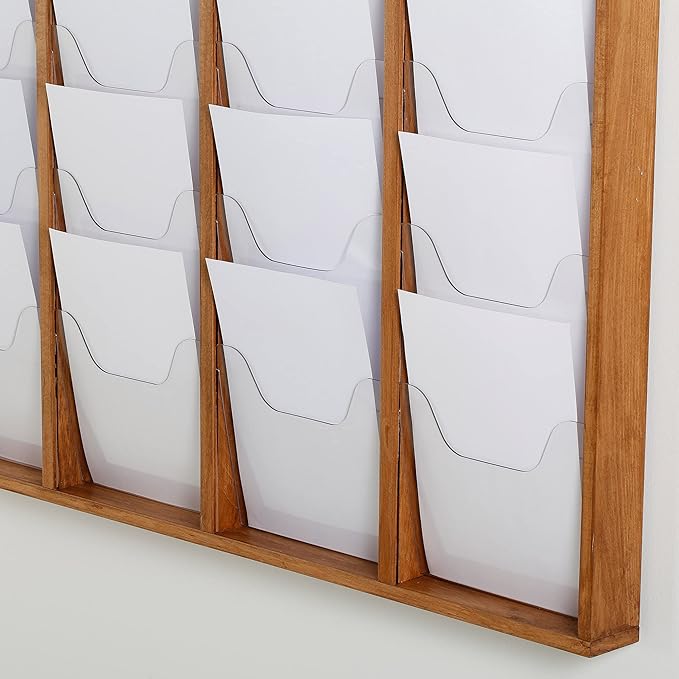 M&T Displays Wal Mount Dark Wood Magazine Brochure Rack Wooden Leaflet Literature Catalog Holder Easy Assembly Durable Clear PET G Pocket 20x(8.5x11) Inch for School Office Hospital Hotel Indoor