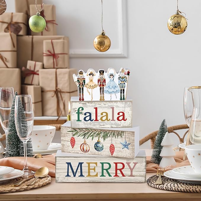 Lineshading 4 Pcs Christmas Table Decorations Wooden Nutcracker Fairy Ballet Merry Christmas Table Centerpiece Decorative Soldier Fairy Ballet Block Signs Gift for Xmas Home Kitchen Tier Tray Decor