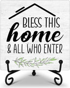 Welcome Home Sign, Blessed Signs for Home Decor, Farmhouse Wooden Plaque with Iron Stand, 5.12 Inches Square, Tabletop Decorative Plaque
