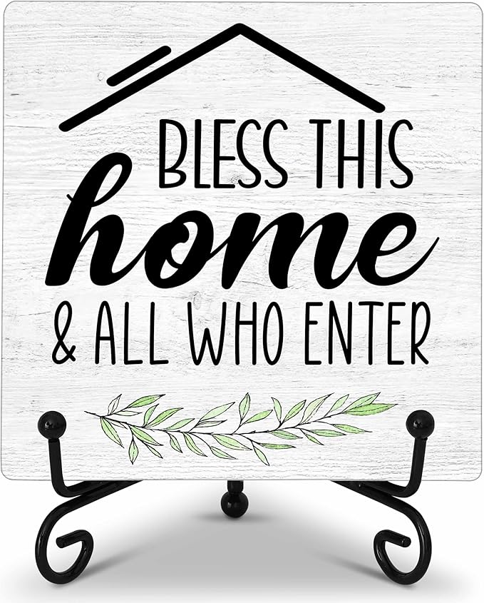 Welcome Home Sign, Blessed Signs for Home Decor, Farmhouse Wooden Plaque with Iron Stand, 5.12 Inches Square, Tabletop Decorative Plaque