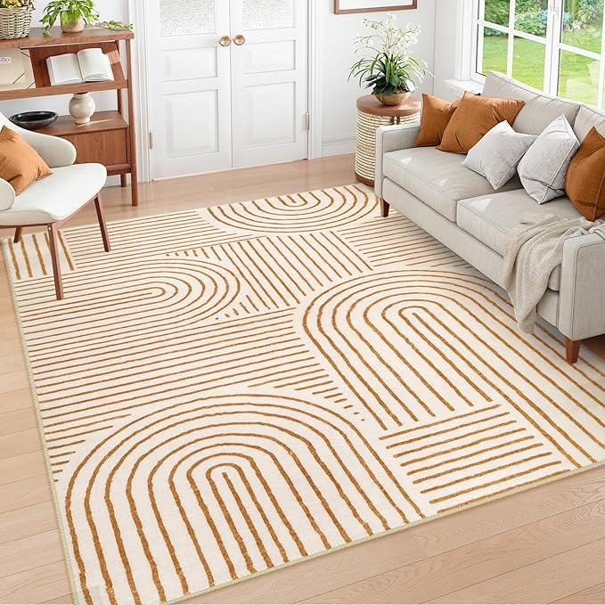 Lahome Abstract Washable Rugs 5x7, Non Slip Soft Living Room Rugs Ultra-Thin Rainbow Bedroom Rug, Non Skid Rug Backing Accent Carpet for Dining Room Office(5'x7',Orange)