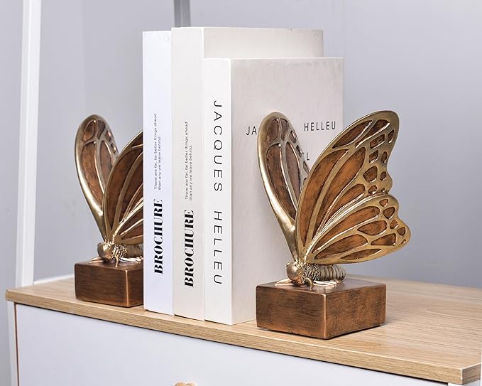 Vintage Brown Butterfly Bookends,Resin Book Ends for Shelves,Heavy Duty Decorative Bookends,Creative Book Stopper Holder Decor for Desk Home Office,Shelf Decoration,Gifts for Mother's Day