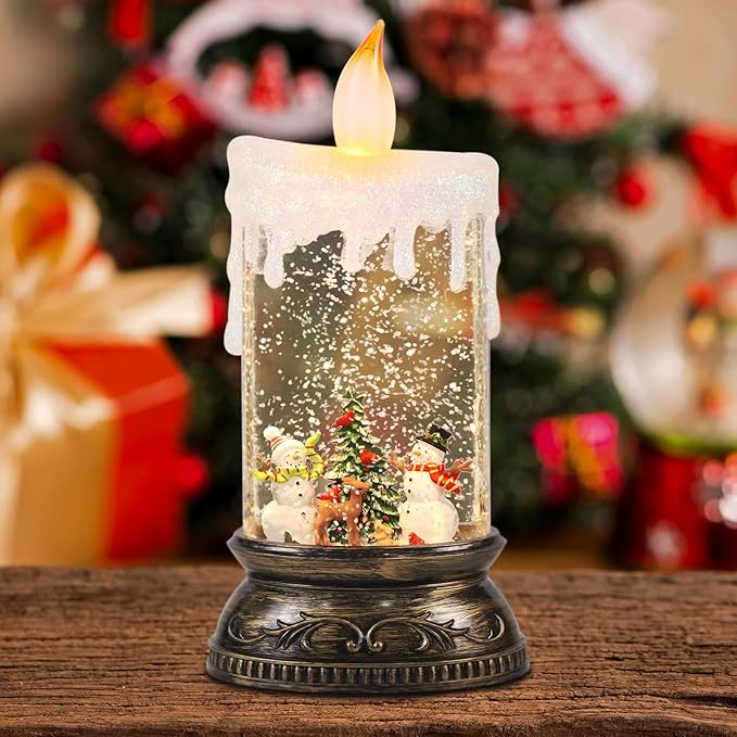 GenSwin Christmas Snow Globes with Music USB Rechargable Cable and Timer, 1 Pcs Christmas Music Box Lantern with Snowman and Snowdeer Scene for Christmas Indoor Centerpieces