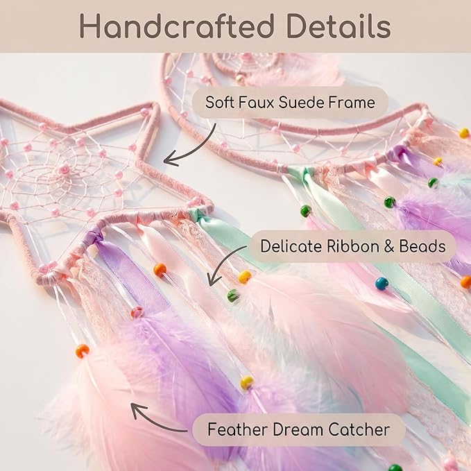 3 Pack Pink Star Moon Sun Dream Catcher - Pink Dream Catchers for Girls, Teen Girl Room Decor, Grils Bedroom Decoration
