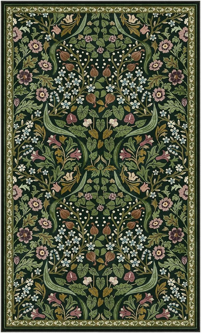 Moynesa Floral 3x5 Area Rug, Washable Non Slip Soft Bedroom Rugs, Boho Green Small Rugs for Living Room, Botanical Ultra Thin Throw Carpet for Kitchen Entryway Bathroom, Green