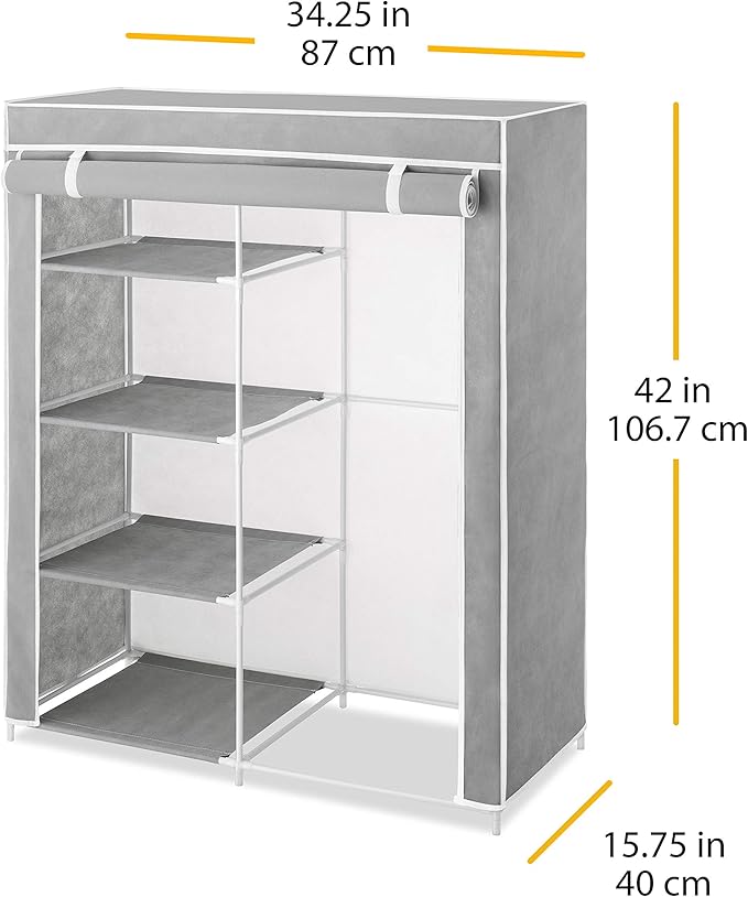Whitmor Compact Clothes Closet - Space Saving - 4 Shelves and Hanging Closet Rod - Grey
