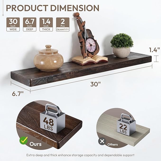 Marsmiles 30 inch Floating Shelves for Wall Solid Elm Wood Shelves|Rustic Wall Mounted Shelves with Heavy-Duty Invisible Bracket for Bathroom Living Room Kitchen|Rounded Edge Design|Walnut, 2 Pack