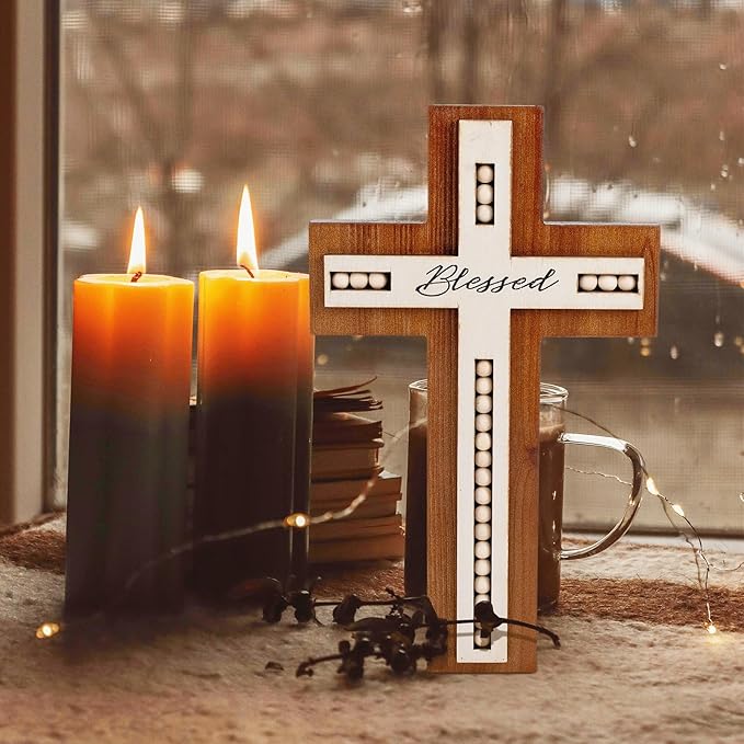 OKSQW Wall Wooden Cross Christians Cross Spiritual Religious Gifts With Hook on Hanging Wall Or Table With Blessed and Wood Bead for Church Home Room Decoration for Christmas
