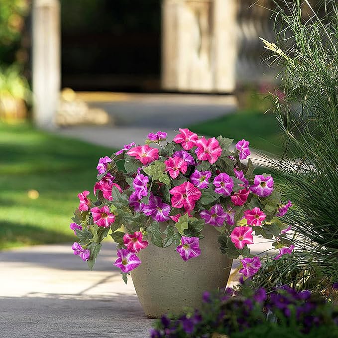 Artificial Fake Flowers Plants for Outdoor Decoration, 2PCS Faux Petunias Silk Flower UV Resistant No Fade Floral for Home Outside Garden Balcony Yard Porch Realistic Indoor Decor (Fuchsia Lotus)