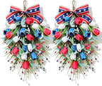 2 Pack 21'' Patriotic Swag Wreaths for Cabinets Artificial 4th of July Teardrop Wreath with Red White Blue Tulips Floral and Berries for Independence Day Memorial Day Front Door Porch Window Wall