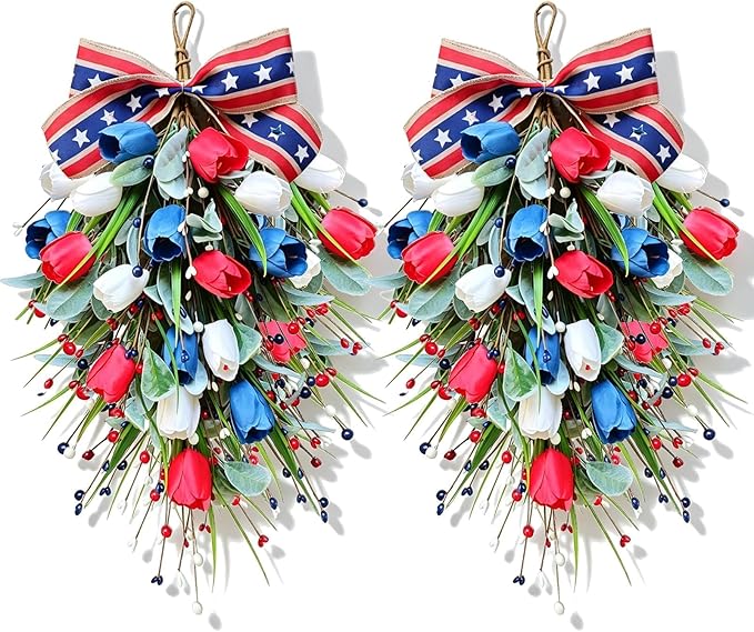 2 Pack 21'' Patriotic Swag Wreaths for Cabinets Artificial 4th of July Teardrop Wreath with Red White Blue Tulips Floral and Berries for Independence Day Memorial Day Front Door Porch Window Wall
