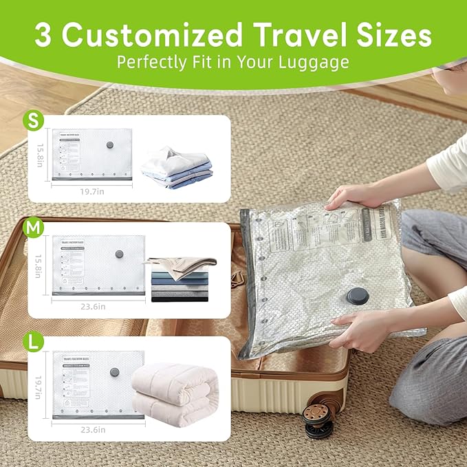 12 Pack Vacuum Bags for Travel with Rechargeable USB Pump,Space Saver Vacuum Storage Bags for Luggage and Suitcase,Portable Seal Bags for Clothes and Clothing Travel