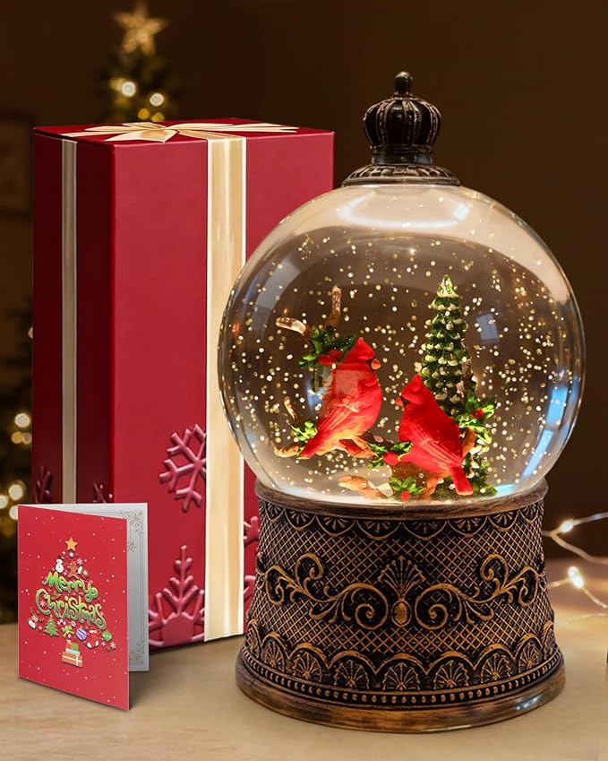 Christmas Cardinal Snow Globe Light up Lantern with 8 Songs, 6.99" Christmas Snow Globes for Kids Adults, 6H Timer & Dual Power, Snowglobes Christmas Decorations Indoor, Gifts for Women Men