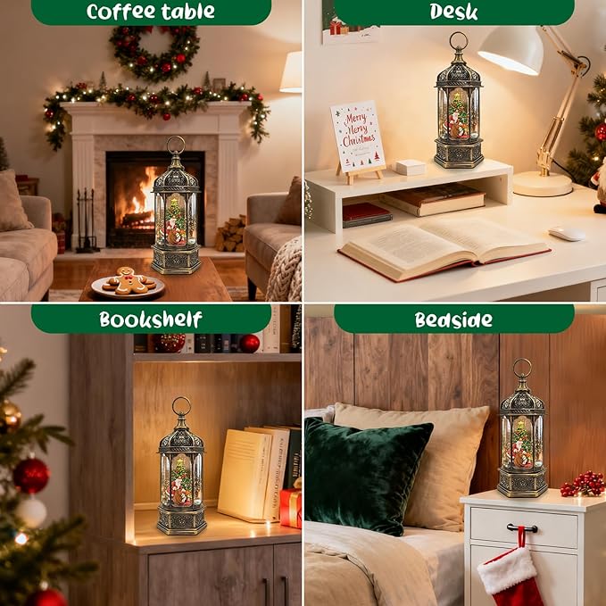 Christmas Snow Globes Lantern, Santa Claus & Gift Piles Christmas Decorations Indoor, 6H Timer Battery & USB Powered Light Up Musical Snow Globes for Kids Women Adults Gift Thanksgiving Home Decor
