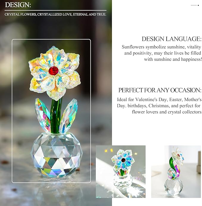 Crystal Sunflower Figurine Handcrafted Glass Flowers Collectible Small Sunflower Paperweight Table Decoration for Home Decor(3.7 * 1.8inch)