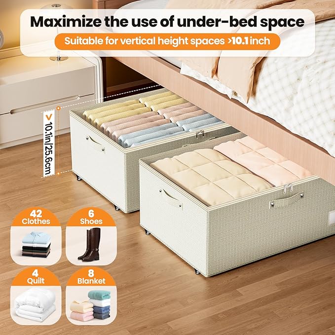 Dayacoco Underbed Storage with Wheels, 2 Pack Under Bed Storage Containers with Clear Lids, No Assembly Required 10.1 inch Rolling Under Bed Storage for Clothes, Beige