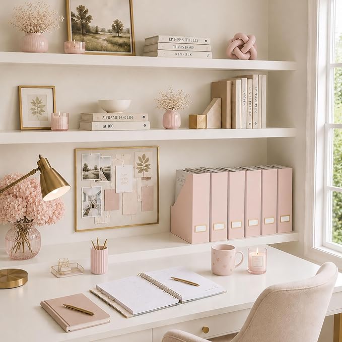 BLU MONACO | Cardboard Magazine File Holder Set of 6 Pink | Vertical Magazine File Holder with Gold Label Slots | Standing File Holder and Cardboard Bins for Shelves Desk Storage
