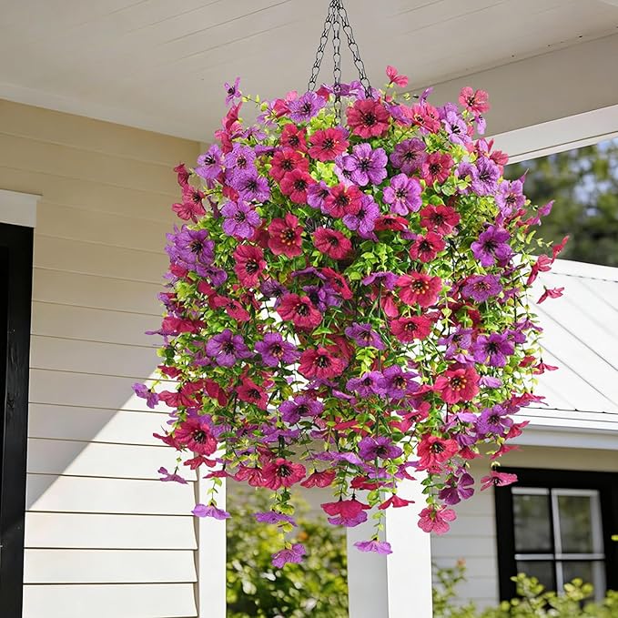 INQCMY Artificial Hanging Flowers with Basket for Spring Outdoor Decoration 3 Bunches of Silk Daisy Flower Uv Resistant for Garden Porch Patio Balcony Yard Decor (Purple Red)