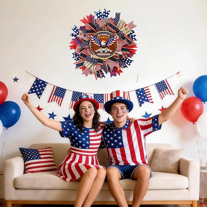 250th Anniversary Patriotic Wreath - 18 Inch Front Door Decor with Wooden Eagle Pattern & Red White Blue Ribbon (Glued on Fabric Base), Handcrafted for 4th of July Independence Day