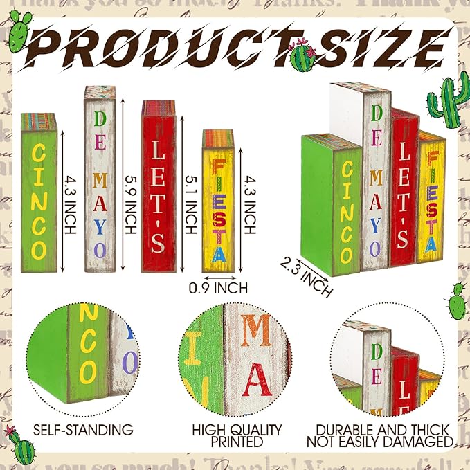 Lineshading 4 Pcs Cinco De Mayo Decor Wooden Books Stack Mexican Table Decorations Rustic Fiesta Tiered Tray Decor Sombrero Cactus Red Chili Centerpiece for Fiesta Mexican Birthday Party Decoration