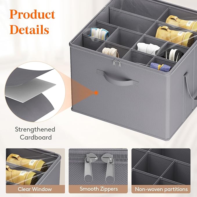 Lifewit Shoe Storage Organizer for Closet, Fabric Large Shoe Box Storage Containers with Clear Cover, Foldable Bins for Boots Heels Sneakers Fits 48-64 Pairs (Each 12-16 Pairs) 4 Pack Gray