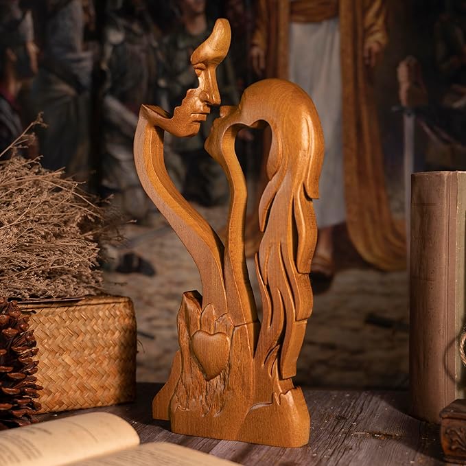 BGCOPPER Wooden Kissing Couple Ornament, Abstract Couple Portrait Sculpture Romantic Love Statue Decor Gift for Women Anniversary Valentine Wedding - 14 Inch