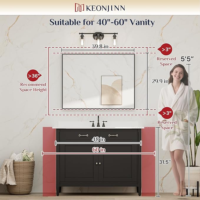 Keonjinn Brushed Nickel Bathroom Mirror 40 x 30 in Rectangle Frame Mirror for Over Sink, Rectangular Metal Framed Vanity Mirror Square Corner Aluminum Alloy Modern Silver Mirror(Horizontal/Vertical)